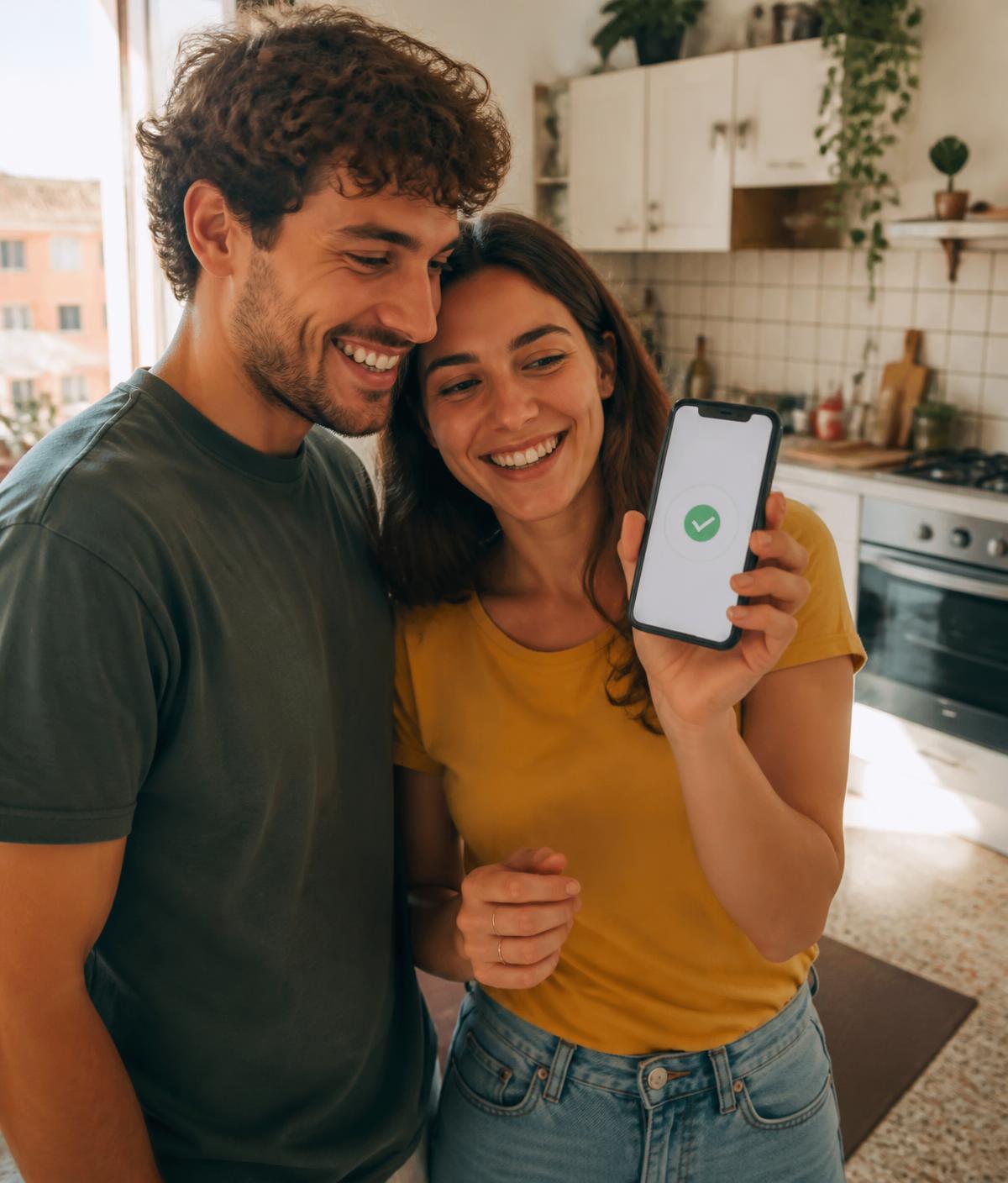Coppia di inquilini che riceve la conferma del pagamento dell'affitto sul telefono